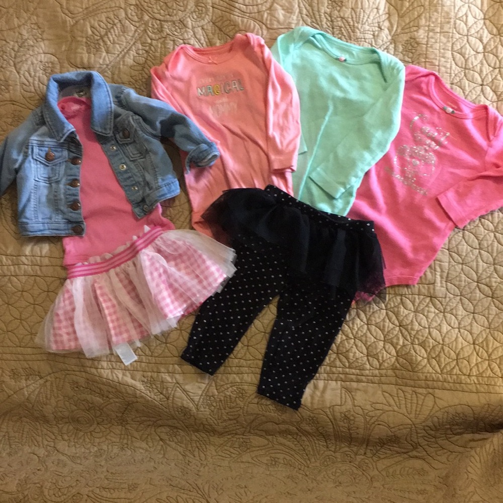 Jean jacket, 4 onesies, pink gingham tutu & pants